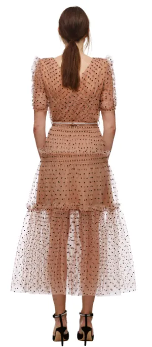 Elegant Polka Dot Mesh Midi Dress with Sheer Sleeves