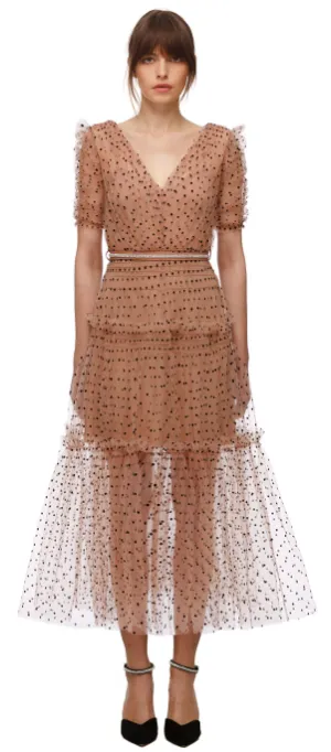Elegant Polka Dot Mesh Midi Dress with Sheer Sleeves