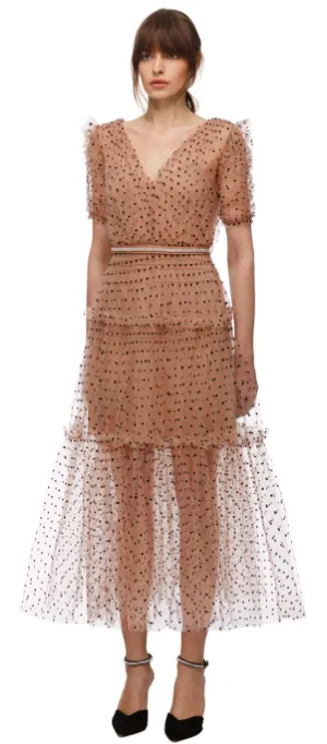 Elegant Polka Dot Mesh Midi Dress with Sheer Sleeves