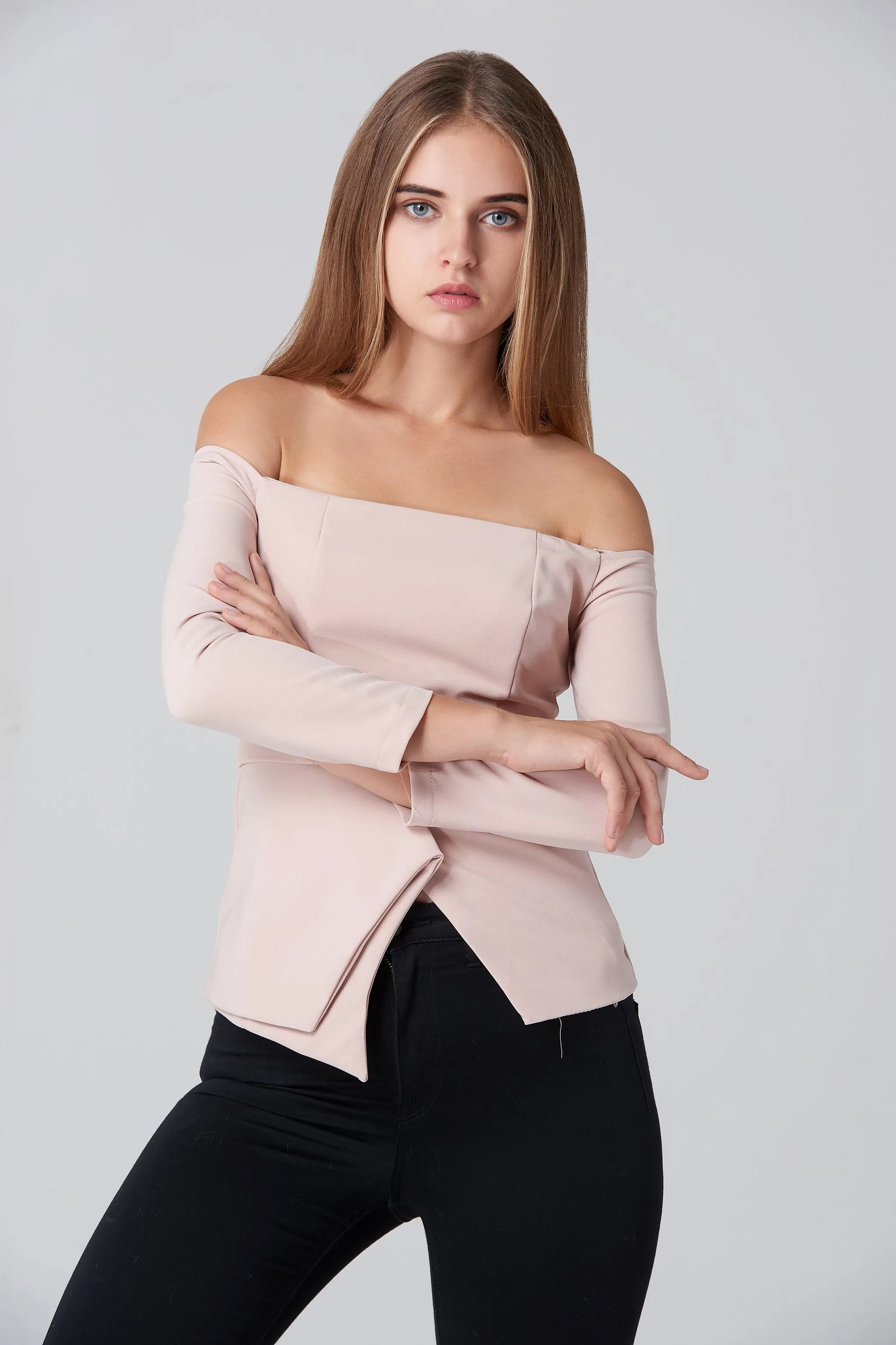 Nude Off Shoulder Flare Hem Top
