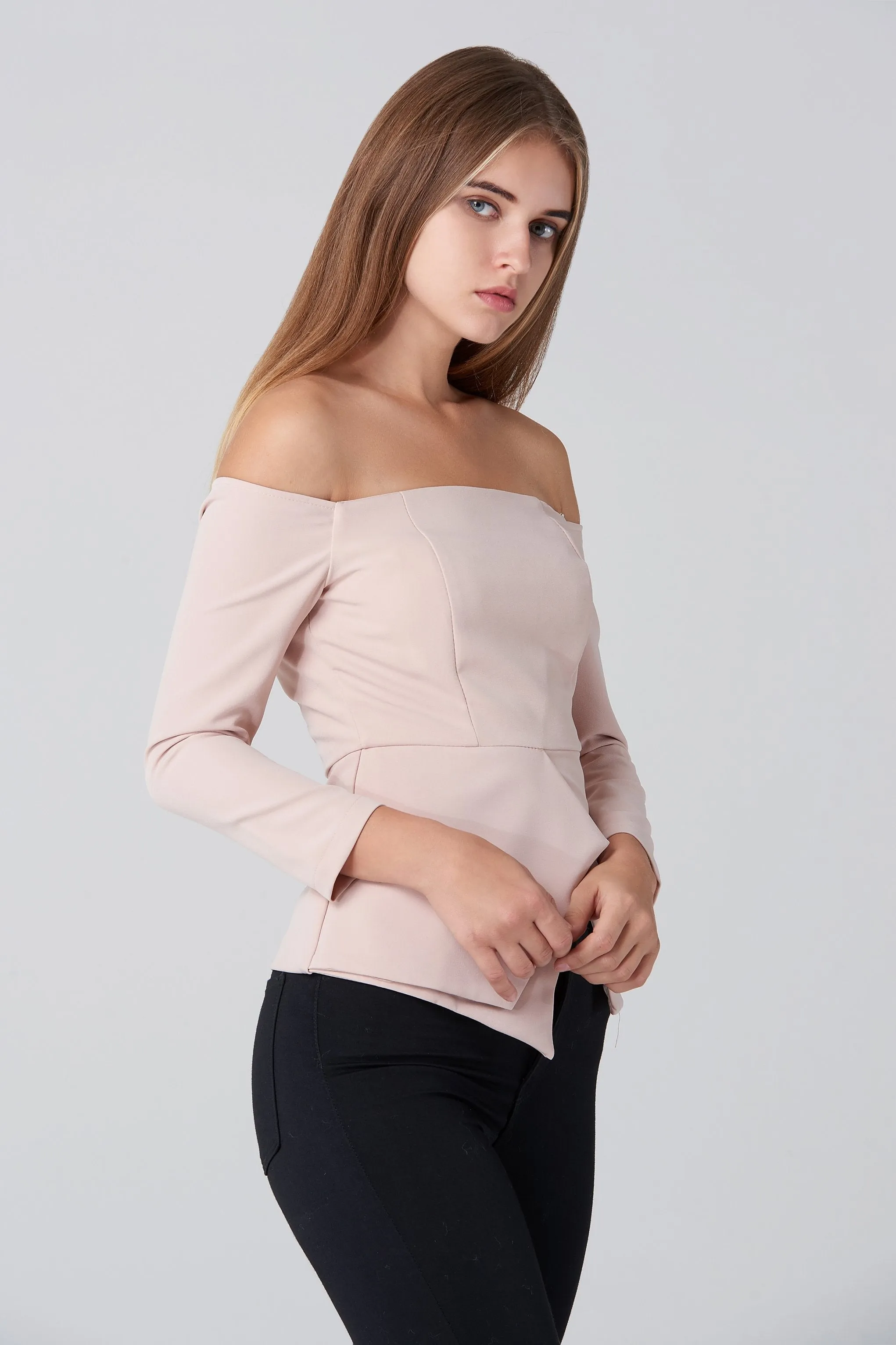 Nude Off Shoulder Flare Hem Top