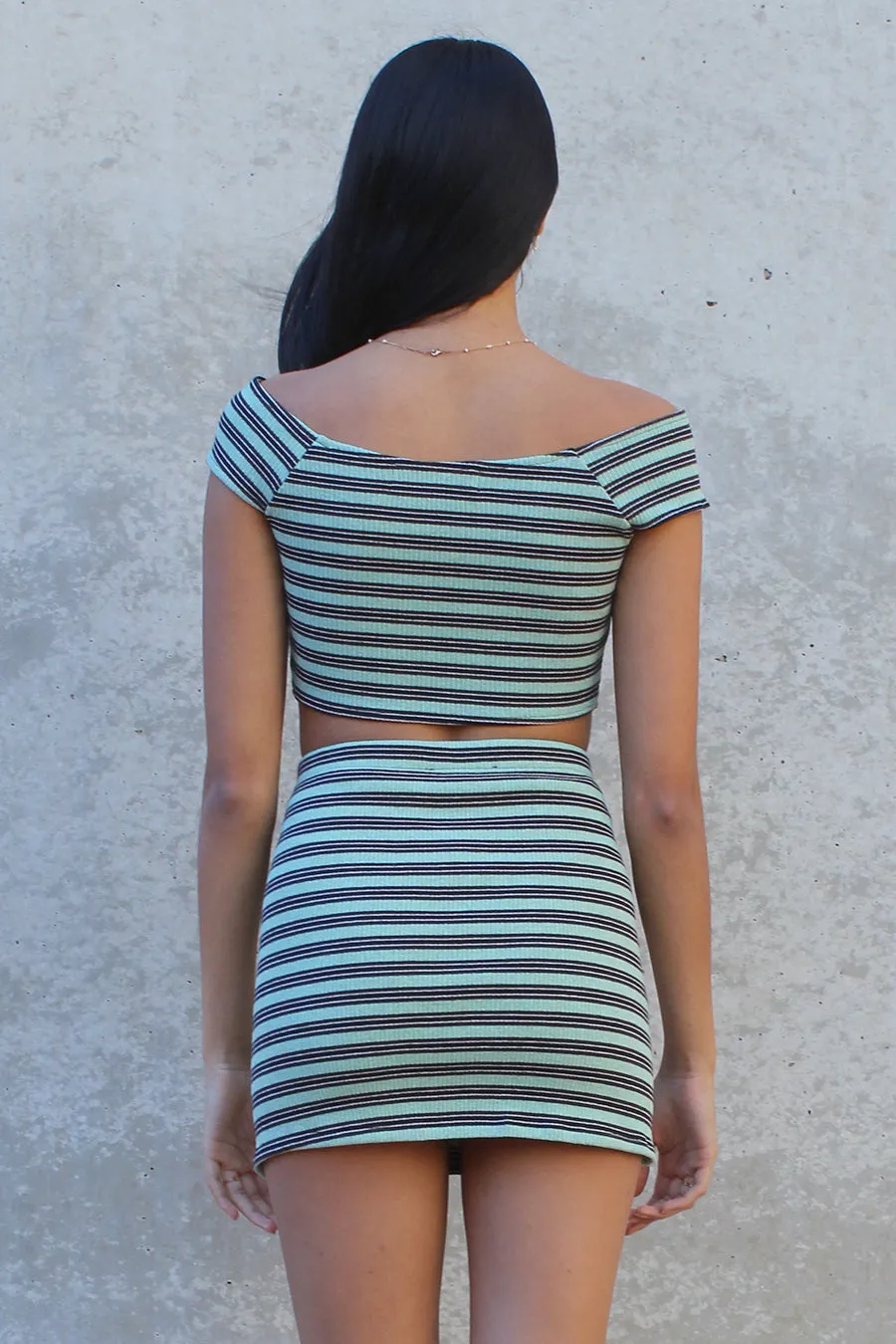 Off Shoulder Crop Top - Stretchy Green Stripe