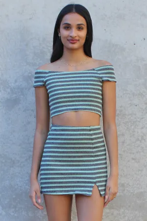 Off Shoulder Crop Top - Stretchy Green Stripe