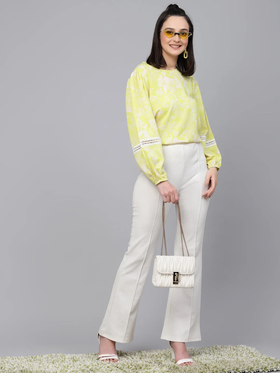 Style Quotient Women Lemon Yellow Floral Printed Polyester Regular Smart Casual Top