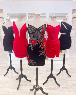 V neck Black Lace Homecoming Dresses Sheath/Column Flower Cocktail Dress #TKL2805